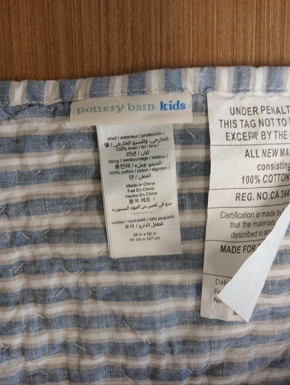 POTTERY BARN KIDS Striped Linen Baby Quilt